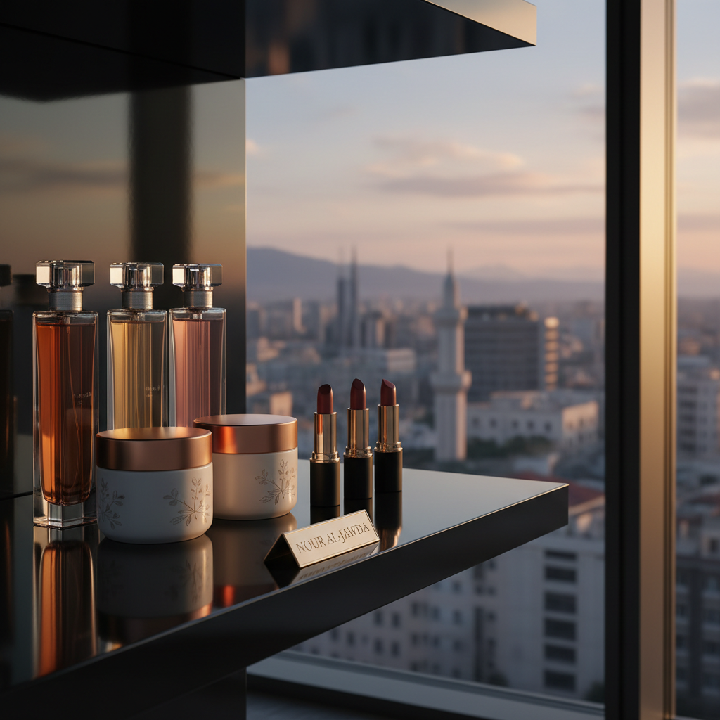 An arrangement of high-end cosmetic products displayed on a glossy black lacquered shelf, featuring sleek glass perfume bottles, matte black lipsticks, and minimalist skincare jars with subtle metallic accents. Behind them, a softly defocused backdrop hints at the skyline of Tripoli through a large floor-to-ceiling window. Golden hour sunlight streams in, grazing the edges of the bottles and casting elegant, elongated reflections across the surface. Photographed at eye level with a shallow depth of field in photographic realism, the composition follows the rule of thirds, creating a calm, sophisticated atmosphere that conveys luxury and exclusivity for a premium beauty import and distribution brand.